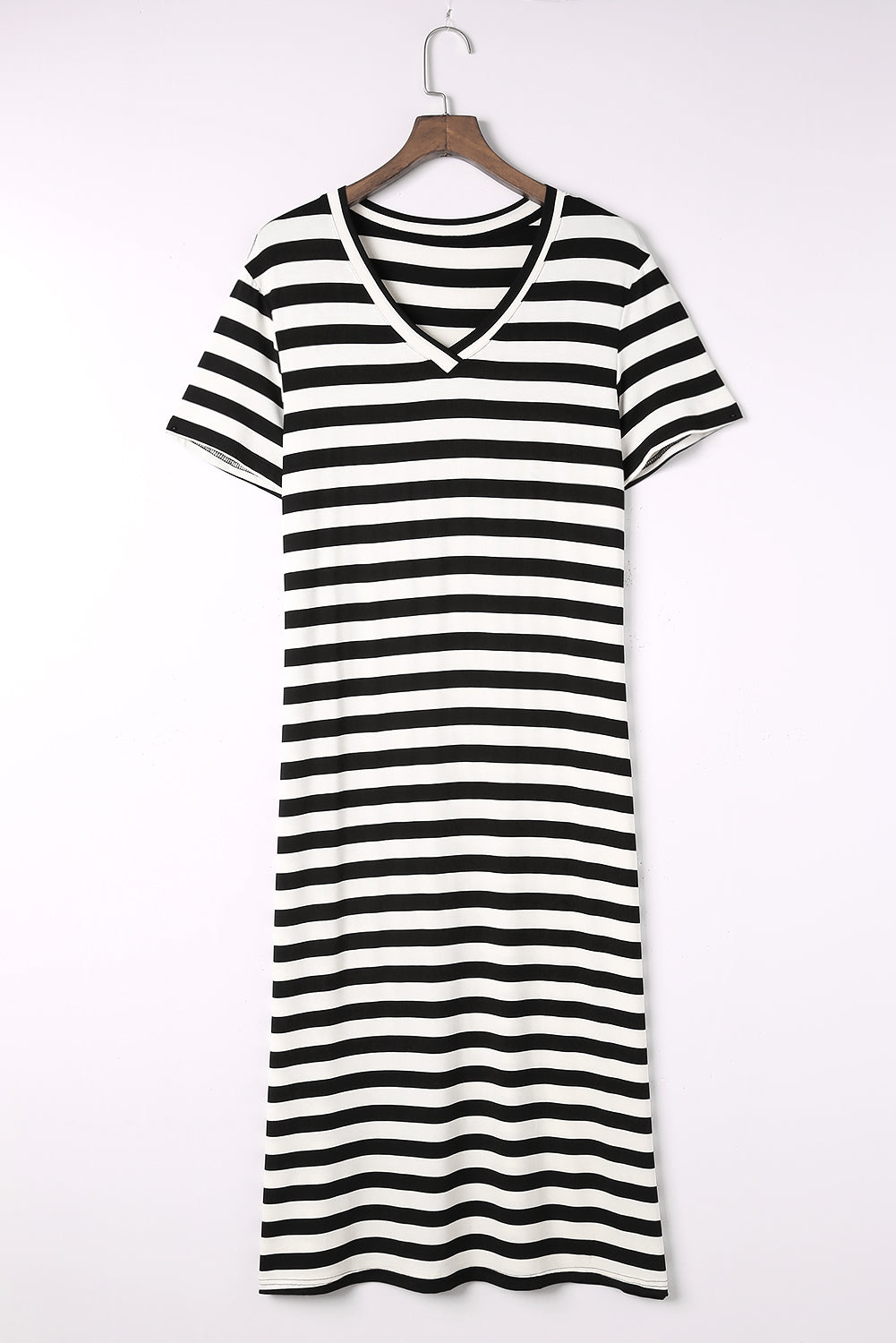 Black and white striped jersey maxi dress with V-neck and short sleeves.