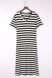 Black and white striped jersey maxi dress with V-neck and short sleeves.