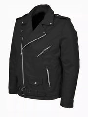 Black plus-size motorcycle jacket with zip-up front, belted waist, and zippered pockets.