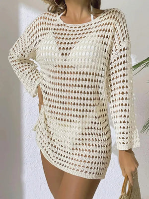 Sheer crochet knit cover-up in beige with openwork pattern and long sleeves.