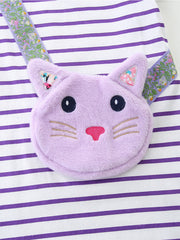 Baby dress with purple and white stripes, featuring a plush lavender cat face applique and floral ribbon straps.