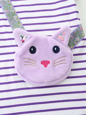 Baby dress with purple and white stripes, featuring a plush lavender cat face applique and floral ribbon straps.