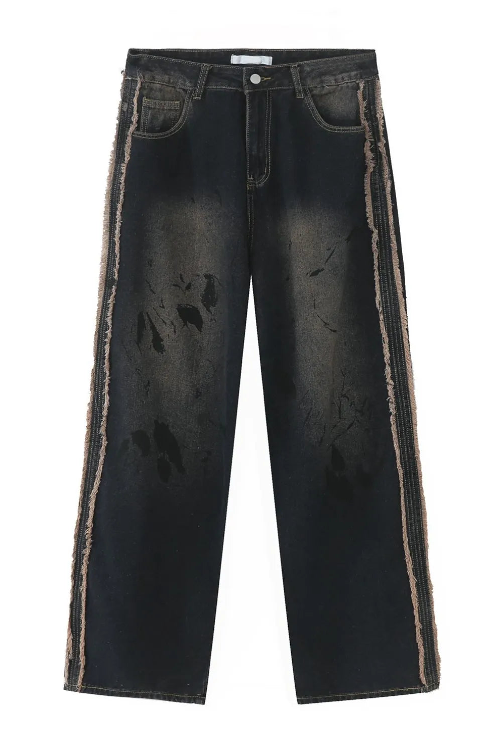 Distressed wide-leg jeans in dark wash denim with frayed trim and a relaxed fit.