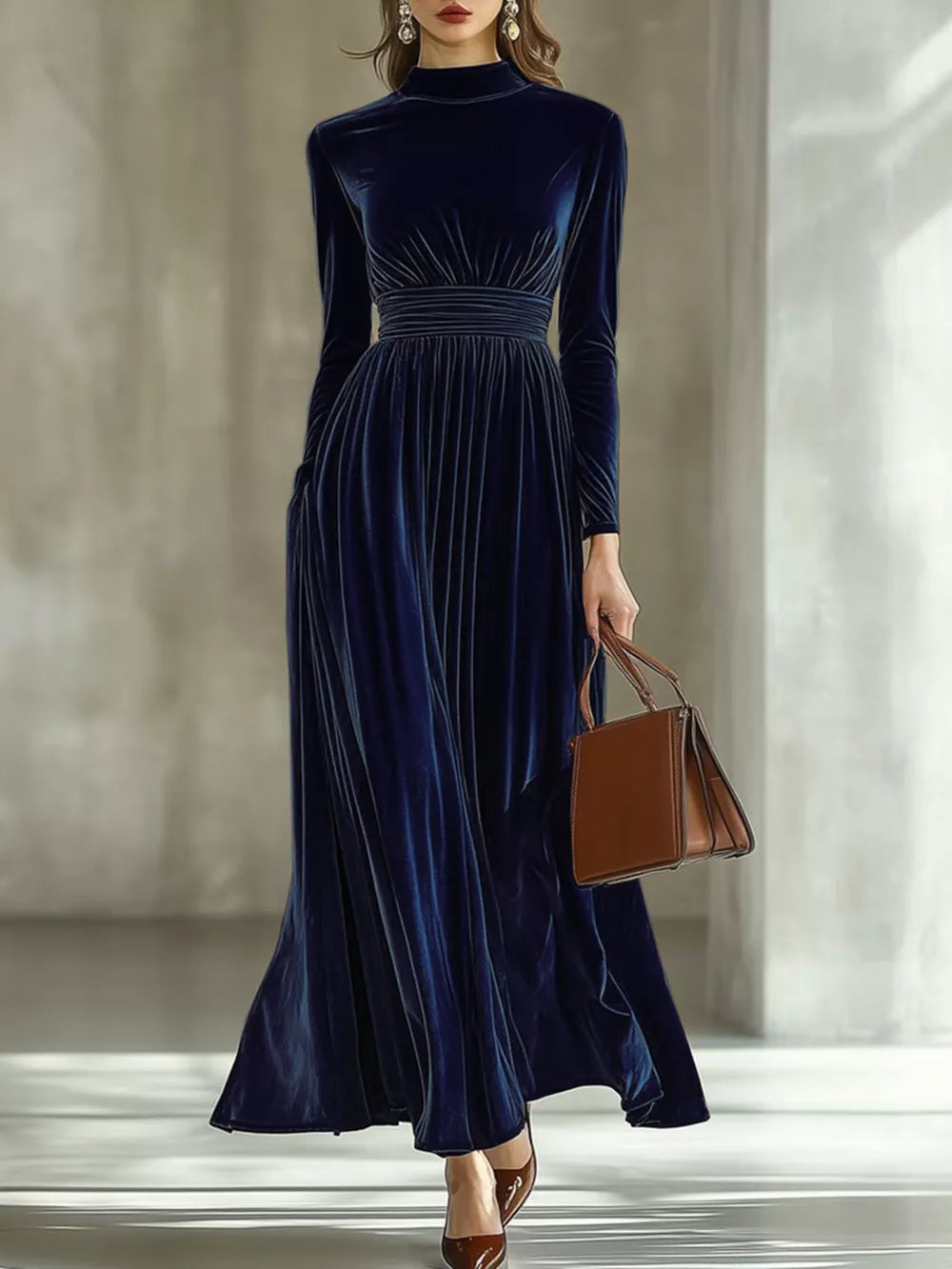 Mock Neck Long Sleeve Maxi Dress in Caramel, model styling view