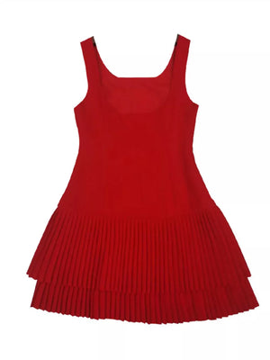 Red square neck mini dress with tiered pleated skirt