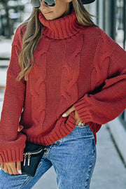 Rust cable knit turtleneck sweater with relaxed fit and ribbed cuffs.