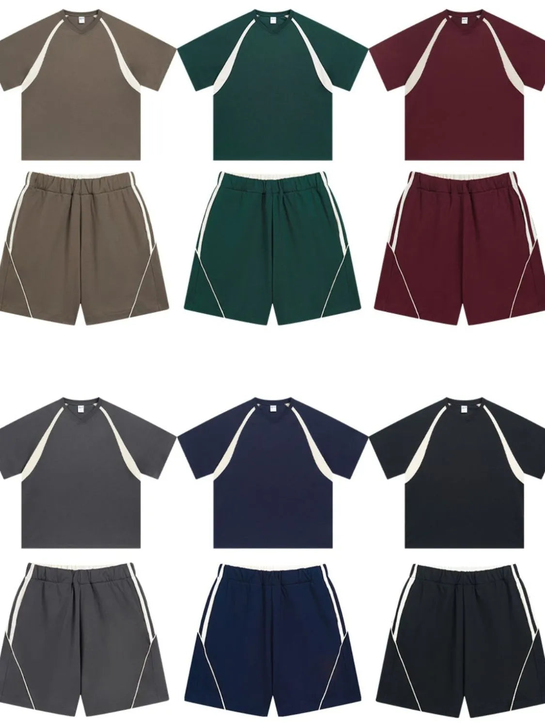V-neck raglan contrast tee in dark green, burgundy, taupe, dark gray, navy, and black.