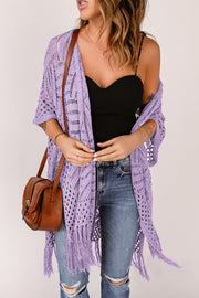 Lavender open knit chevron fringe cardigan with short sleeves and a boho vibe.