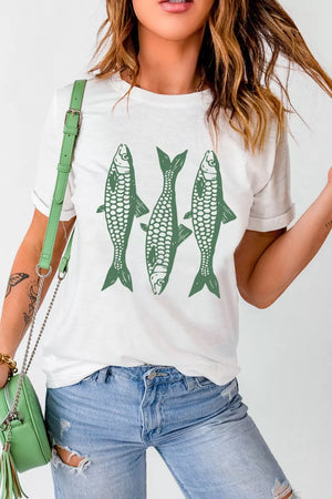 White cotton crew neck t-shirt with a distinctive green fish graphic pattern