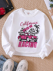 White crew neck sweatshirt with California racing graphic and pink car.