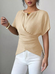 Apricot beaded keyhole accent short sleeve maternity blouse with wrap detail