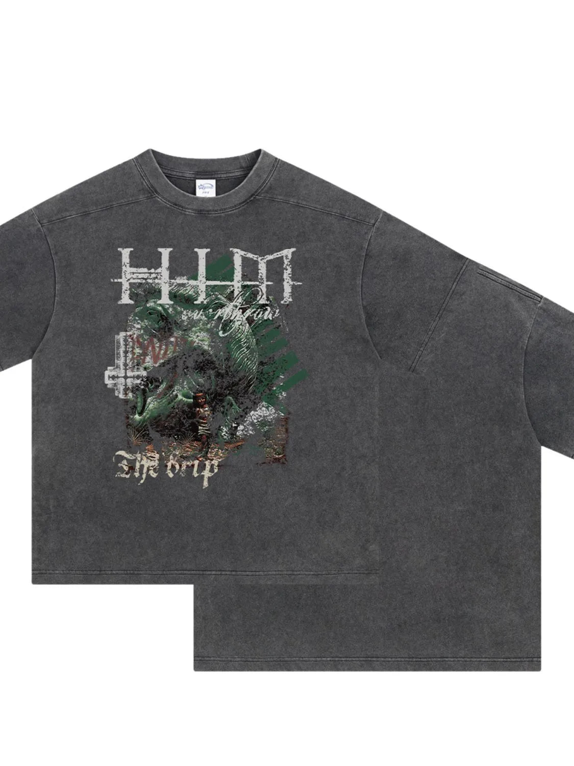 Acid wash dark gray graphic t-shirt with "The Drip" text and distressed graphic.