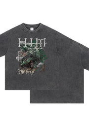 Acid wash dark gray graphic t-shirt with "The Drip" text and distressed graphic.