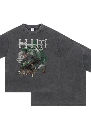 Acid wash dark gray graphic t-shirt with "The Drip" text and distressed graphic.
