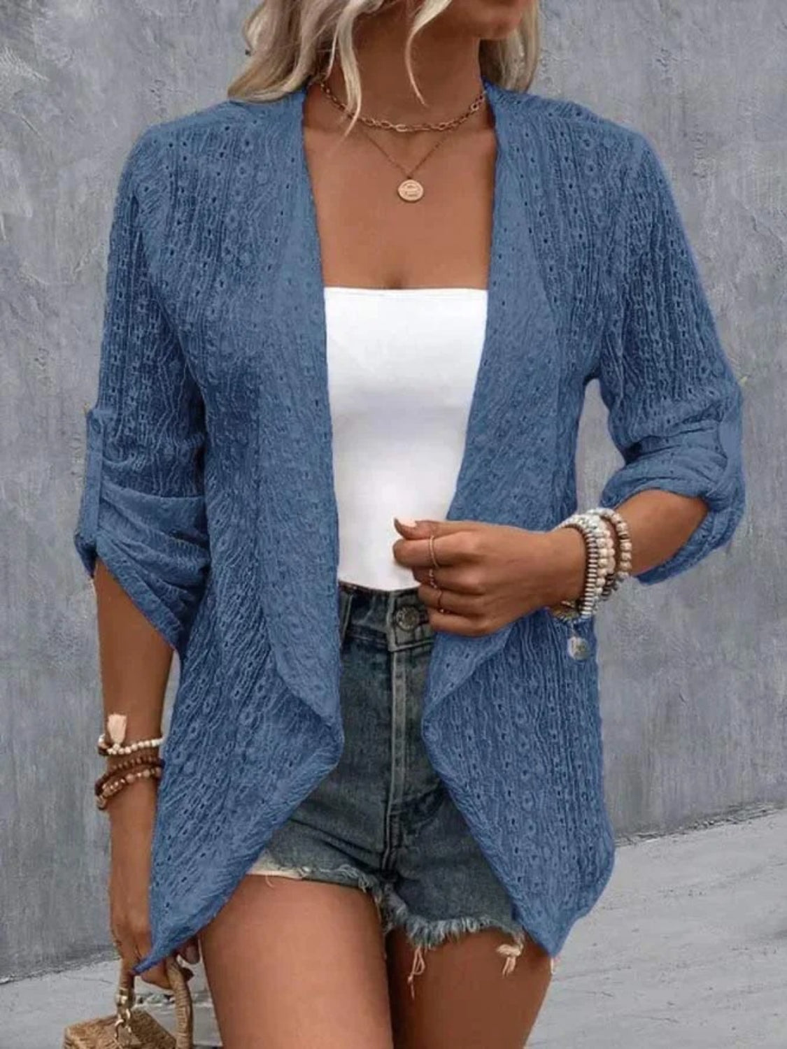 Dusty Blue open-weave cardigan with draped front and rolled sleeves