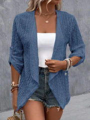 Dusty Blue open-weave cardigan with draped front and rolled sleeves