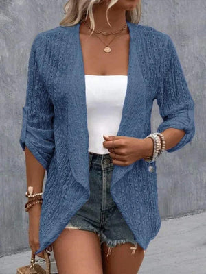 Dusty Blue open-weave cardigan with draped front and rolled sleeves