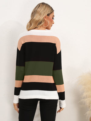 Colorblock crewneck sweater with horizontal stripes in black, army green, peach, and white.