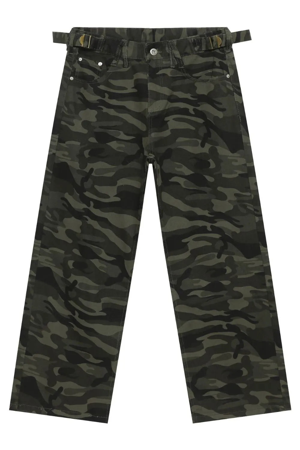 Wide-leg camo denim trousers in black with adjustable belt detail