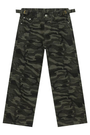 Wide-leg camo denim trousers in black with adjustable belt detail