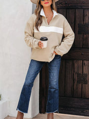 Fleece Colorblock Patchwork Zipped Neck Pullover in Khaki, model styling view