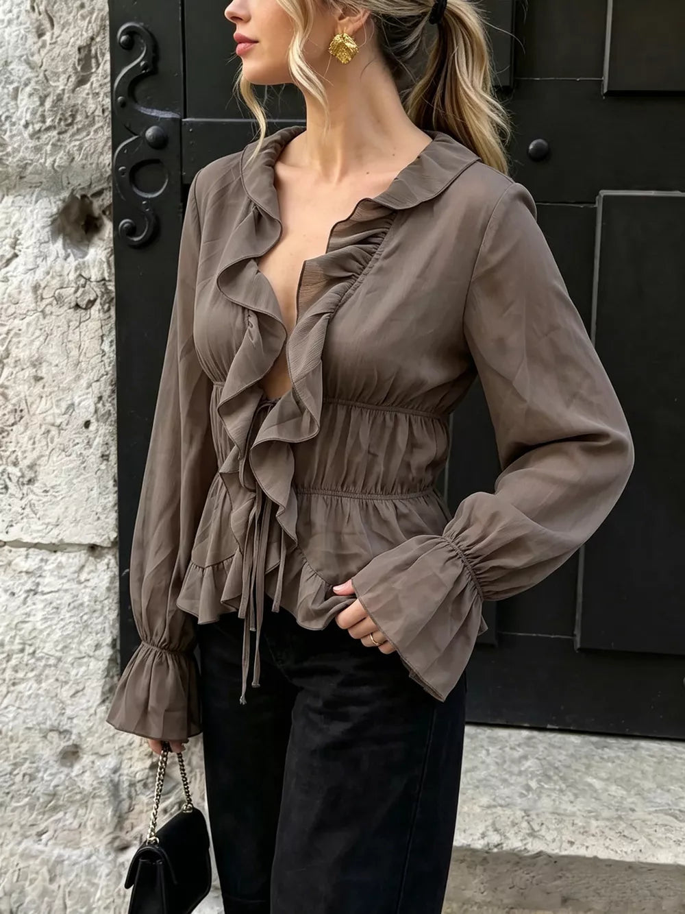 Ruffled V-neck Long Sleeve Blouse in Brown, model styling view