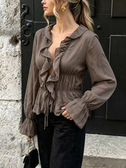 Ruffled V-neck Long Sleeve Blouse in Brown, model styling view