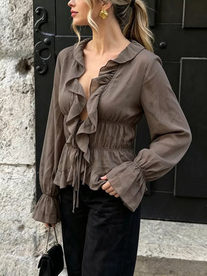 Ruffled V-neck Long Sleeve Blouse in Brown, model styling view