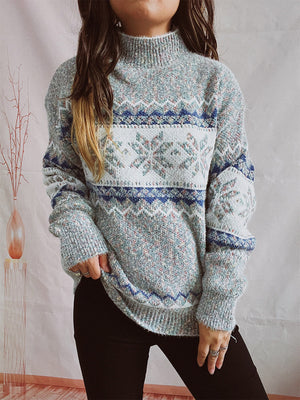 Geometric knit mockneck pullover in Cloudy Blue with fair isle pattern and acrylic blend.