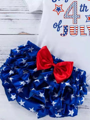 Baby outfit set with white bodysuit reading 4th of July and blue star ruffled bloomer with red bow.