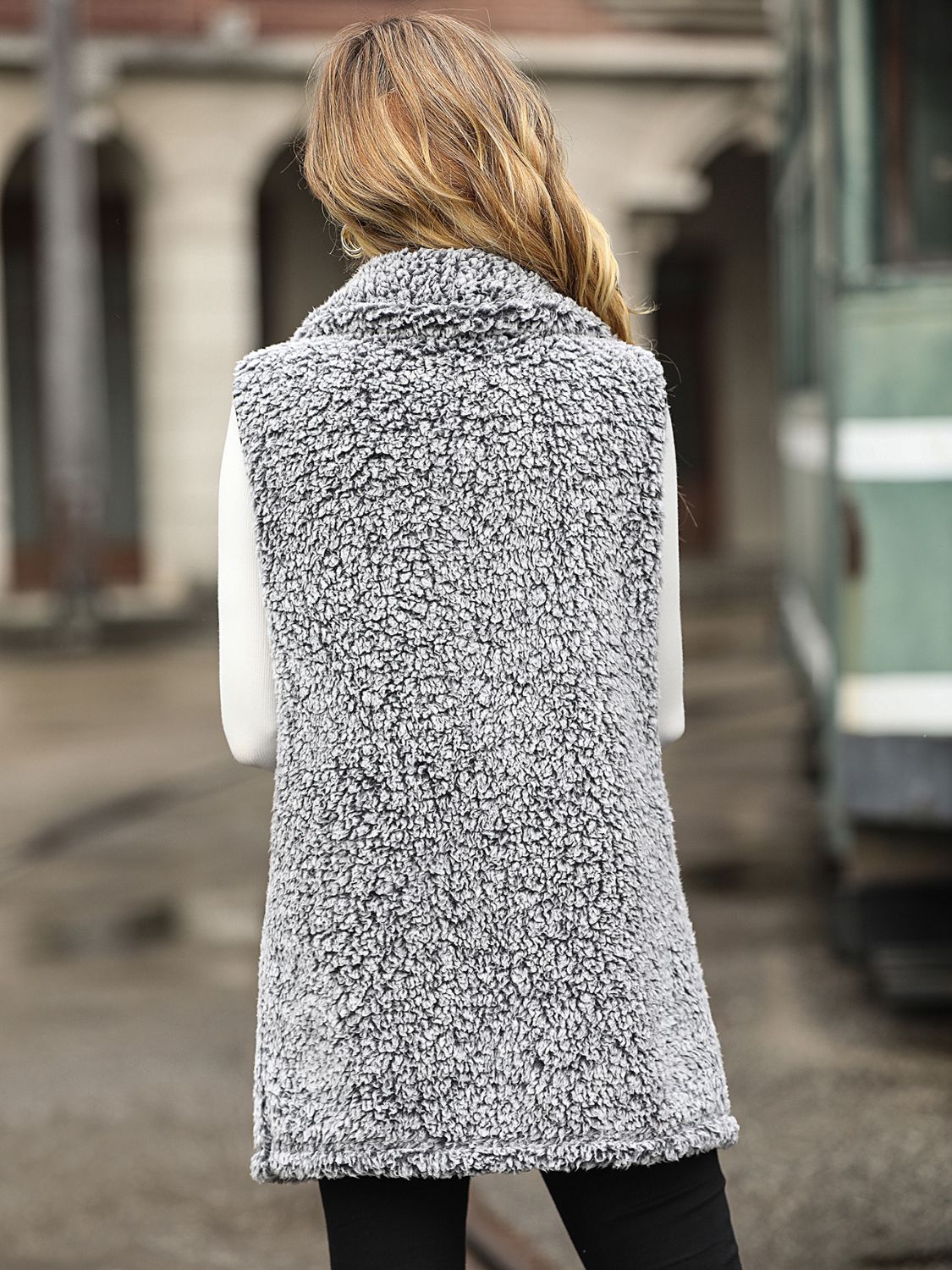 Teddy Sherpa Utility Vest in grey with a collared neckline, shown from the back.