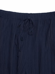 Navy blue textured wide-leg pants with drawstring waist