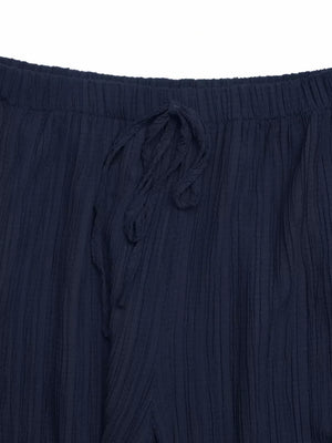 Navy blue textured wide-leg pants with drawstring waist