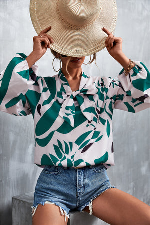 Green abstract print blouse with pussy bow and balloon sleeves