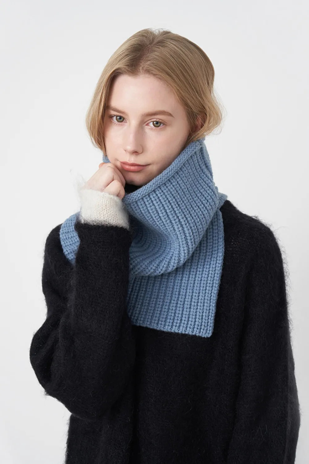 Sky blue ribbed knit neck warmer with extended panel detail