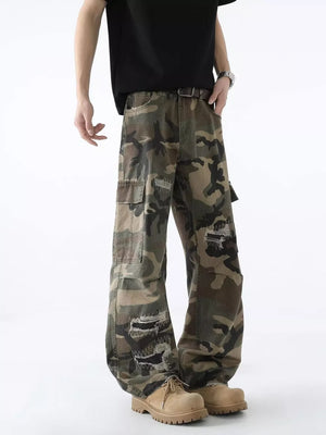 Men's distressed camouflage wide leg cargo pants with ripped details
