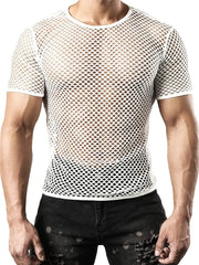 White mesh knit crew neck tee with short sleeves and a breathable, open weave.