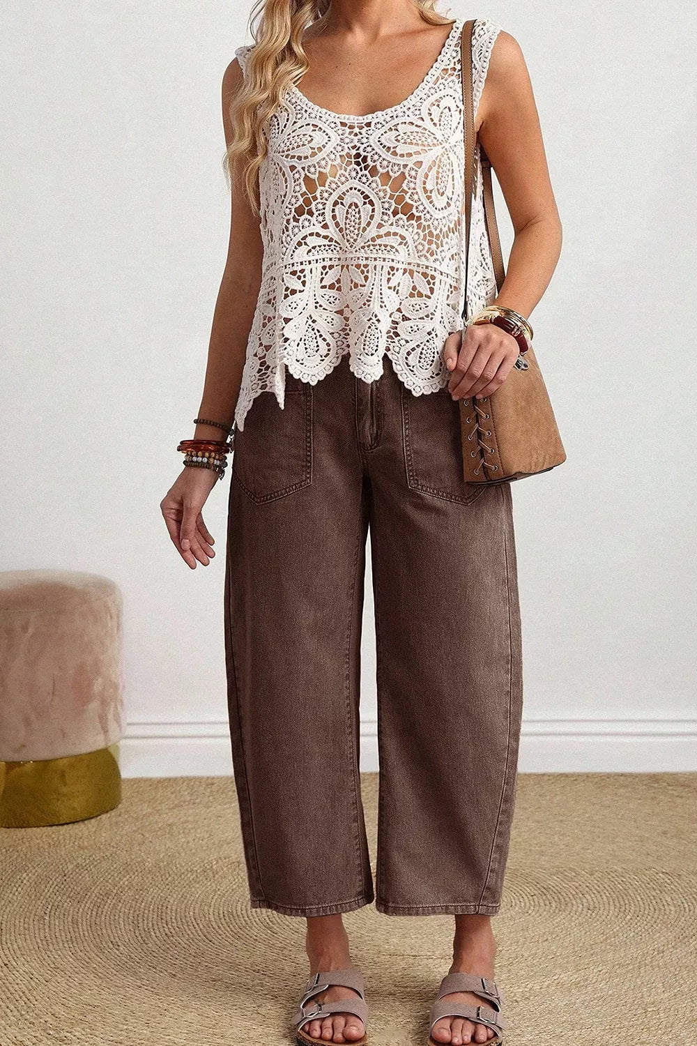 Solid Color Square Patch Pocket Barrel Jeans, fit detail