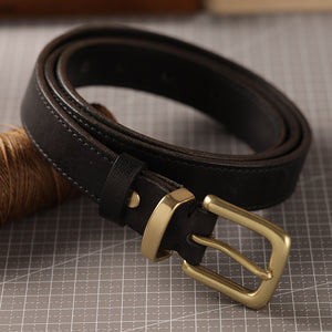 Black cowhide leather belt with brass buckle and stitching detail