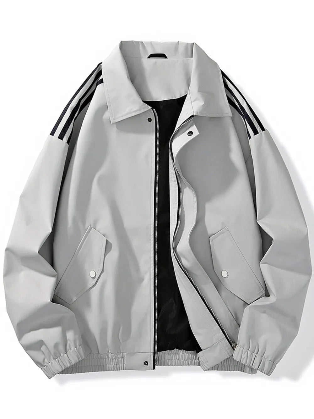 Men's Plus Size Striped Zip Up Jacket in Black, model styling view