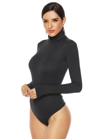 Black ribbed turtleneck bodysuit with long sleeves.