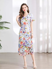Embroidered Floral Puff Sleeve Midi Dress