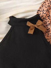 Children's Halter Top & Leopard Ruffled Skirt Set in Black, side view