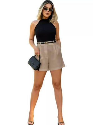 Khaki high-waisted shorts with pleats and pockets, styled with a black top and belt.