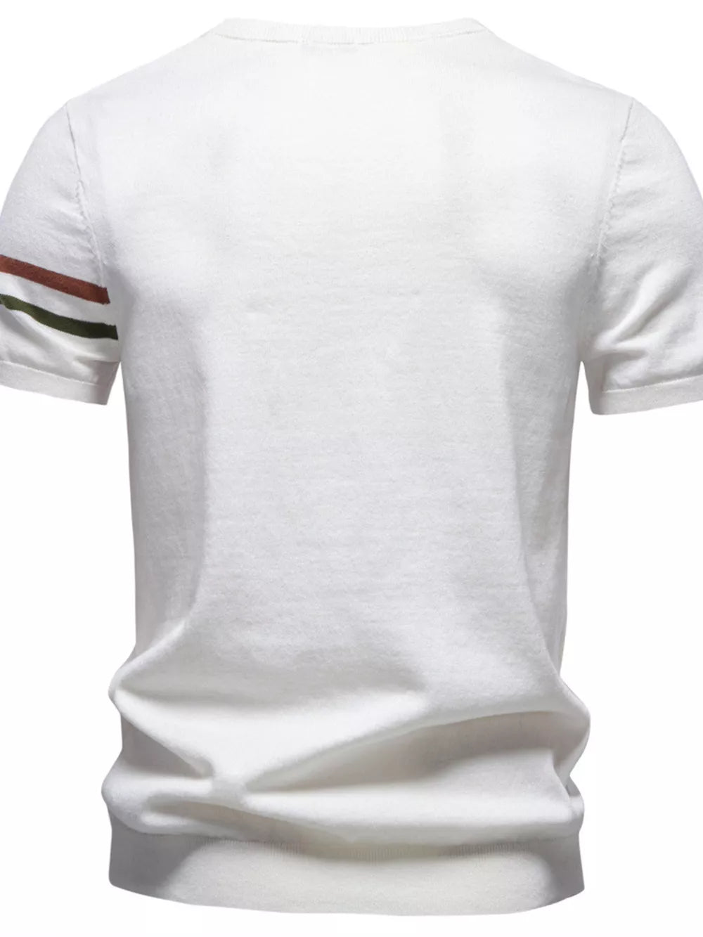 White cotton t-shirt with striped sleeves and crew neck.