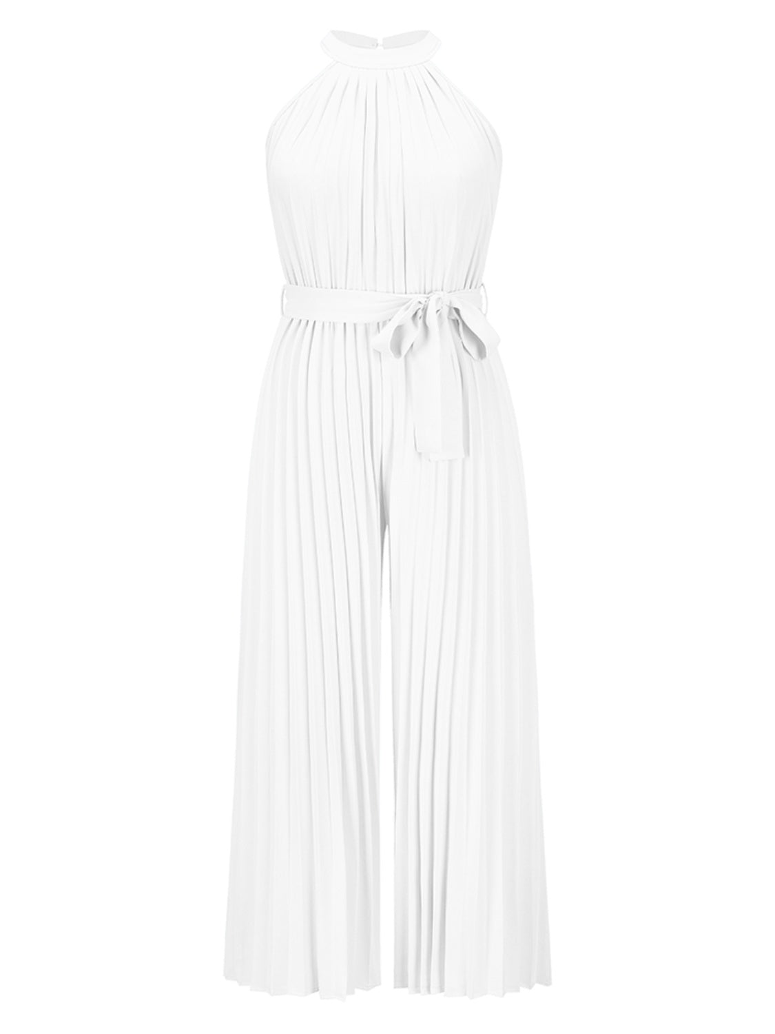 White halter neck pleated palazzo jumpsuit with tie waist