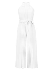 White halter neck pleated palazzo jumpsuit with tie waist
