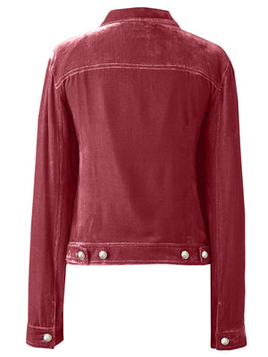 Burgundy velvet jacket with silver buttons and western-inspired details.