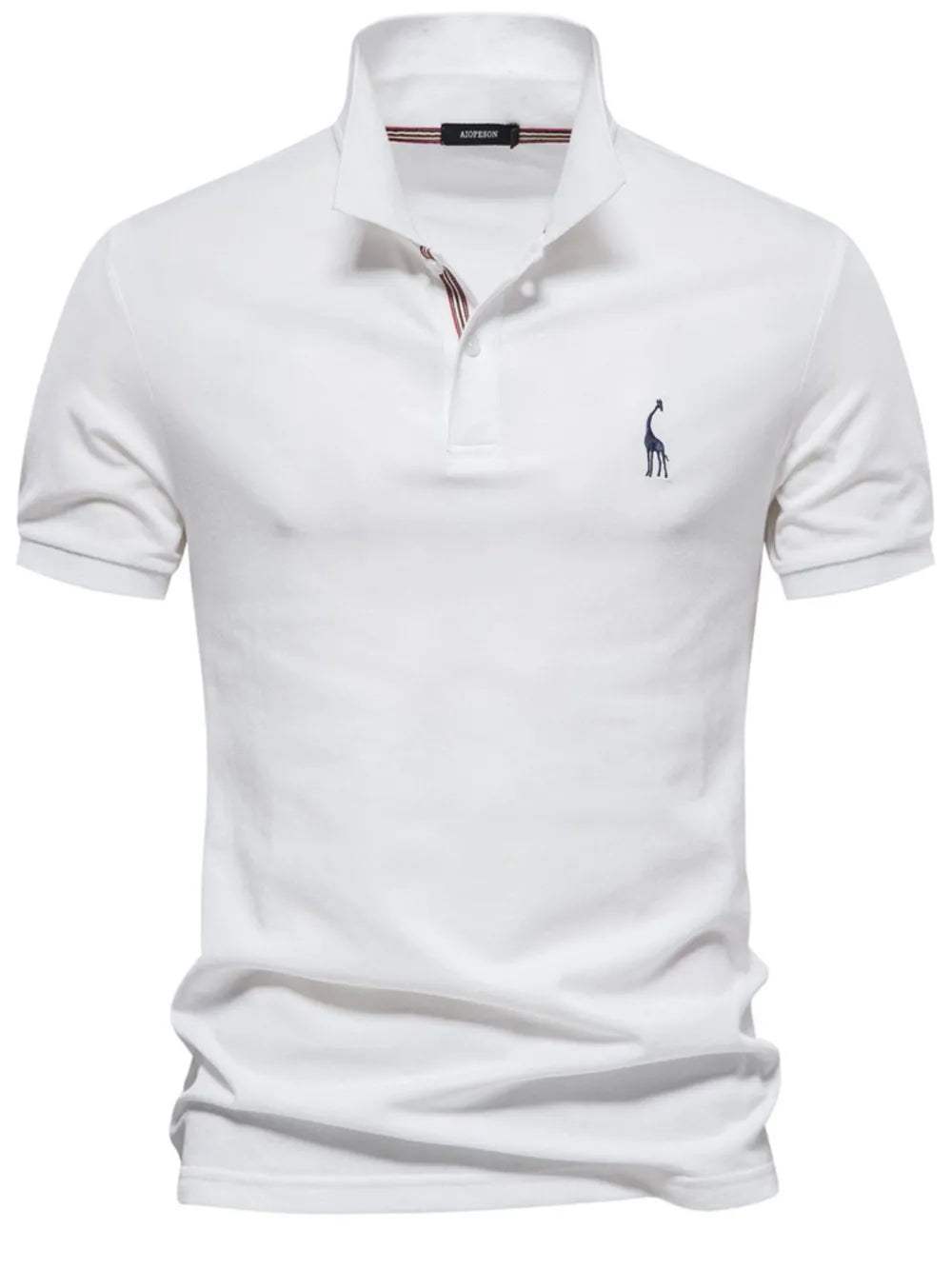 White piqué polo shirt with giraffe embroidery and striped collar detail.
