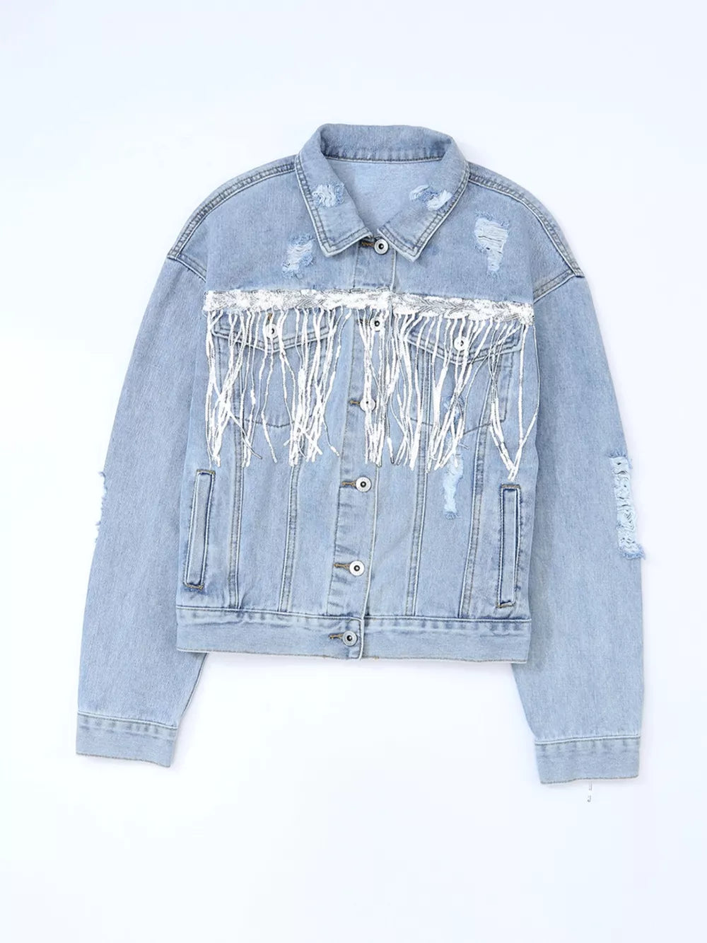 Light wash denim jacket with sequined fringe and distressed details